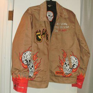 Brand X Studio Designer Graphic Fire Devil Skull CHI Bean Tan Work Jacket  ~ M